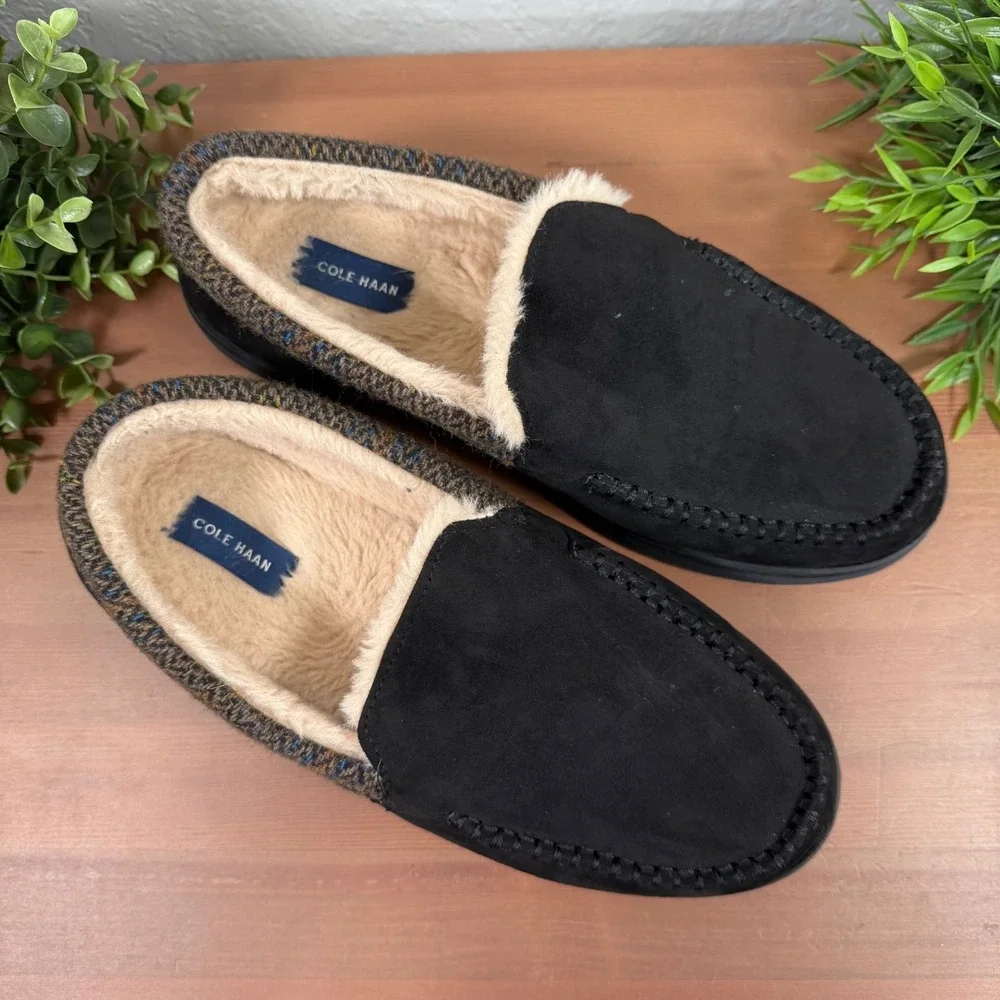 Cole Haan Mens Moccasin Black Faux Fur Lined Slipper Size 9-10